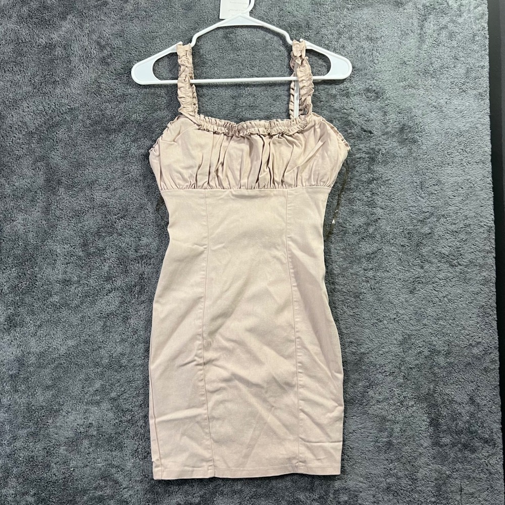 Fashion Nova Tan Beige Ruched Ruffle Mini Dress Bodycon HMD12407 Large